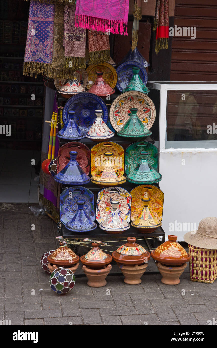 Colourful tajines on sale in shop in souks of Marrakech, Morocco Stock Photo