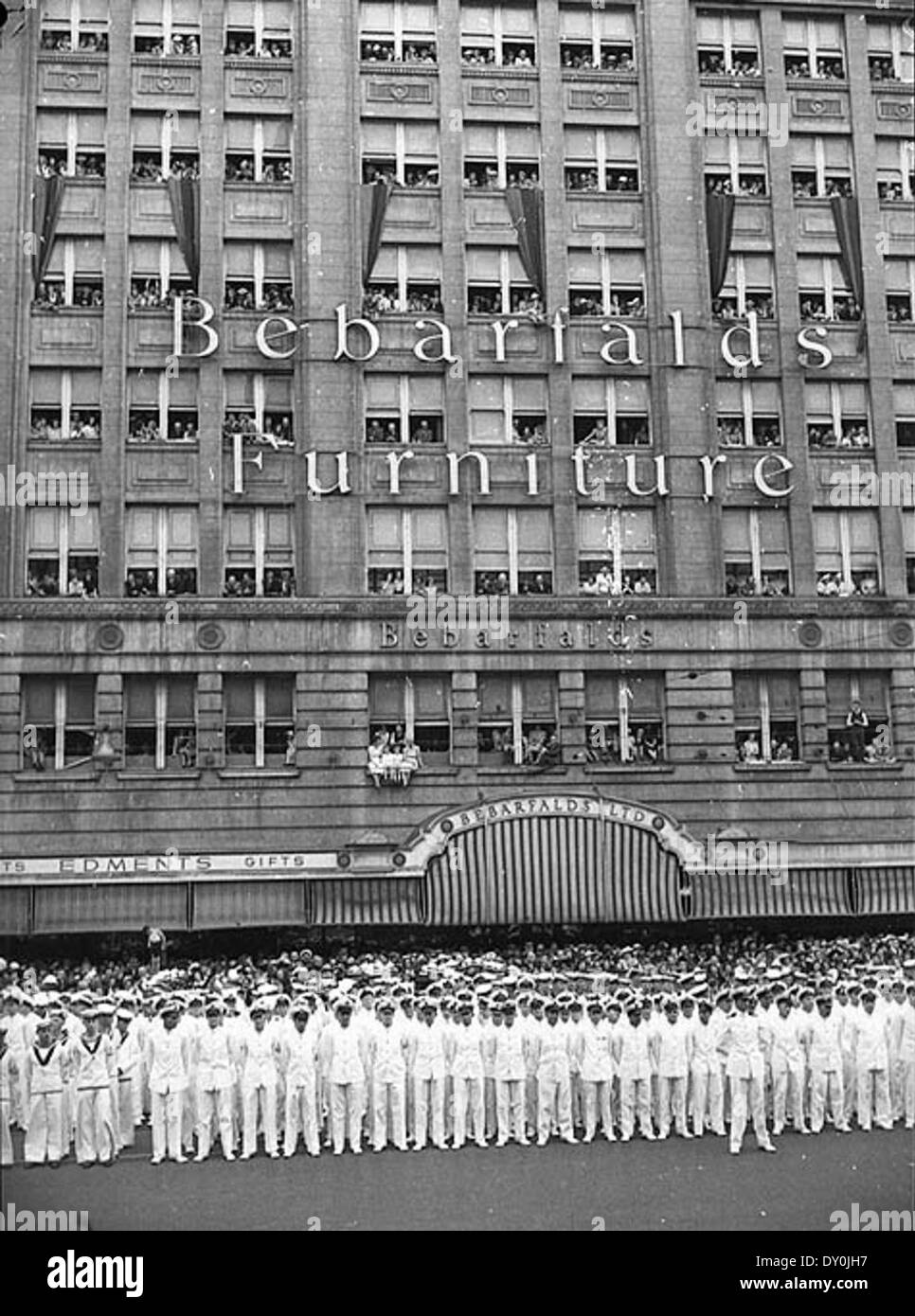 Bebarfald's Building, George St, Sydney (naval display outside), 11 February 1941 Stock Photo