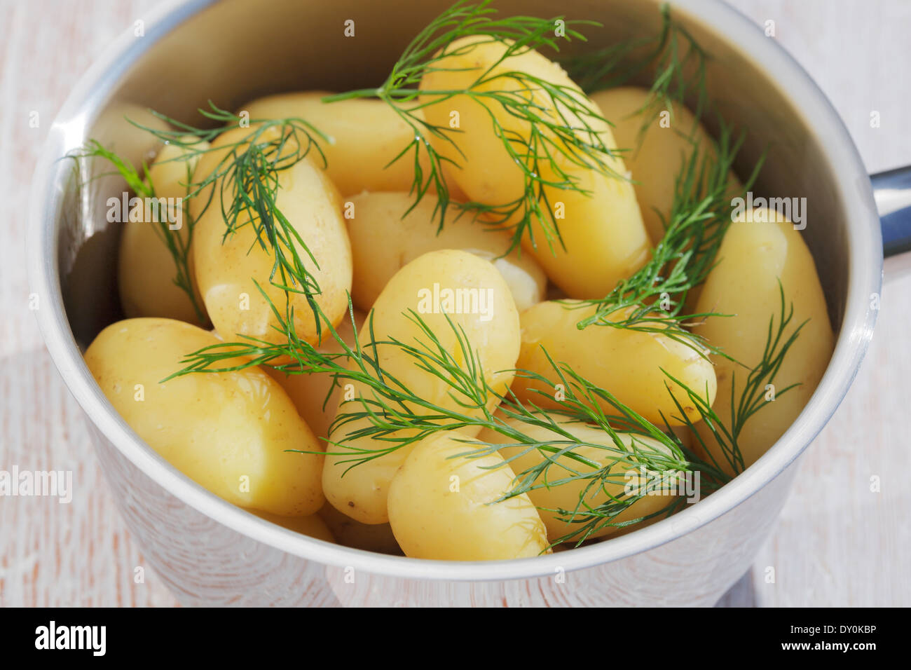 Potatoes with dill in a steel pot. Stock Photo
