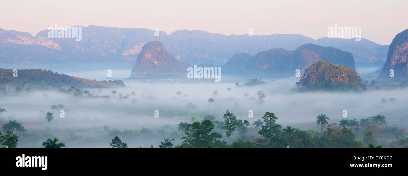 Panoramic view Vinales Valley in early morning mist Cuba Stock Photo
