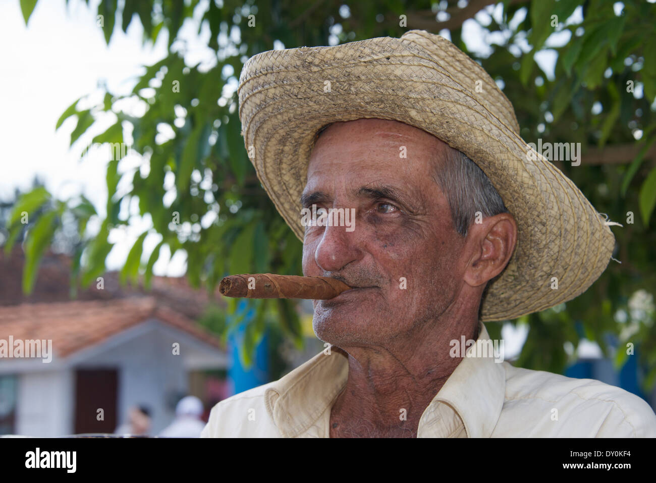 Portrait man smoking cigar Vinales Cuba Stock Photo