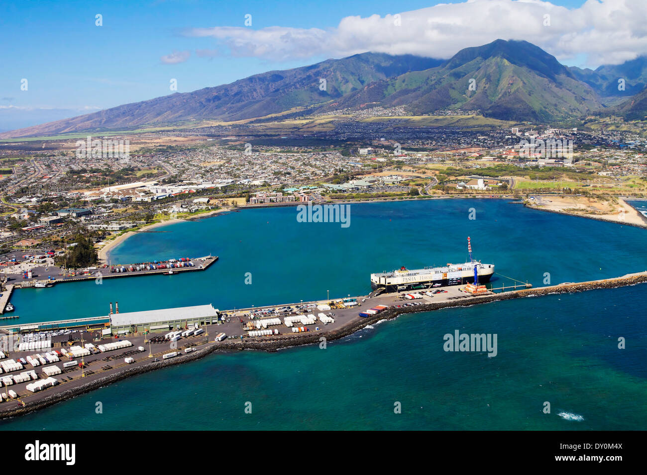 Aerial view of Kahului harbor with West Maui Mountains in background