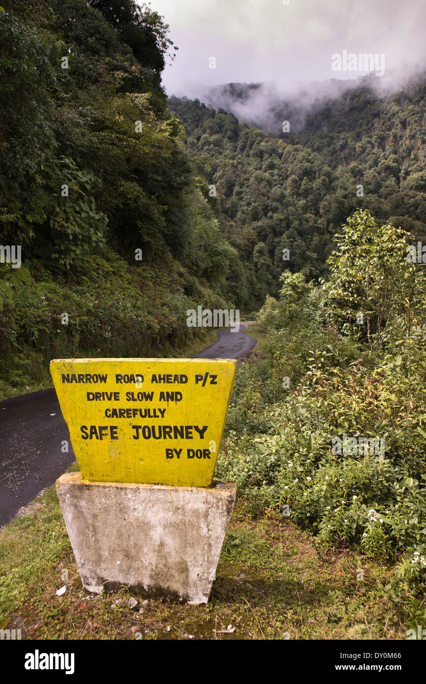 Bhutan, Bhutan, Namling Brak, Bhutan's wildest road, drive carefully warning sign on dangerous roads accident black spot Stock Photo