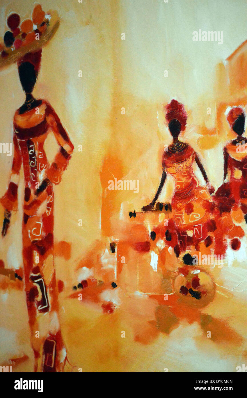 African Art, Group of African Woman Carrying Shopping on Display in the Hotel Riu Touareg Cape Verde Stock Photo