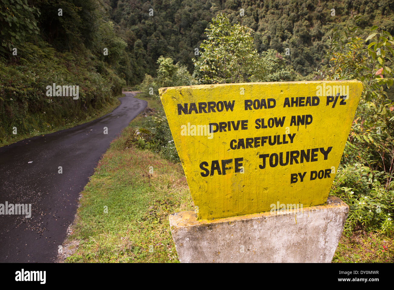 Eastern Bhutan, Namling Brak, Bhutan's wildest road, drive carefully warning sign Stock Photo