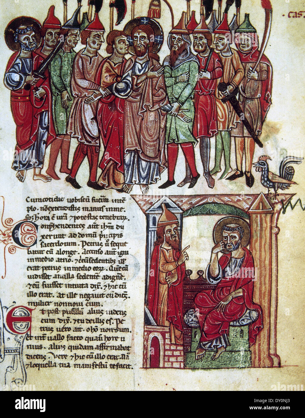 The Kiss of Judas and the Apostle Peter Disowns Jesus. 13th century. New Testament. Folio 63. Stock Photo