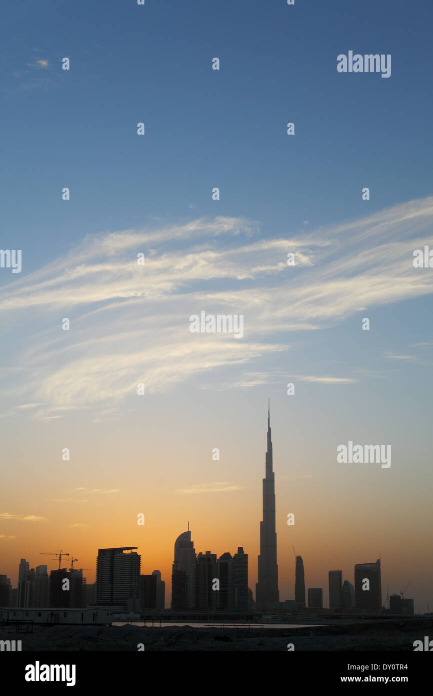 skyline, Dubai, highrise, financial district, Burj Khalifa, United Arab Emirates Stock Photo