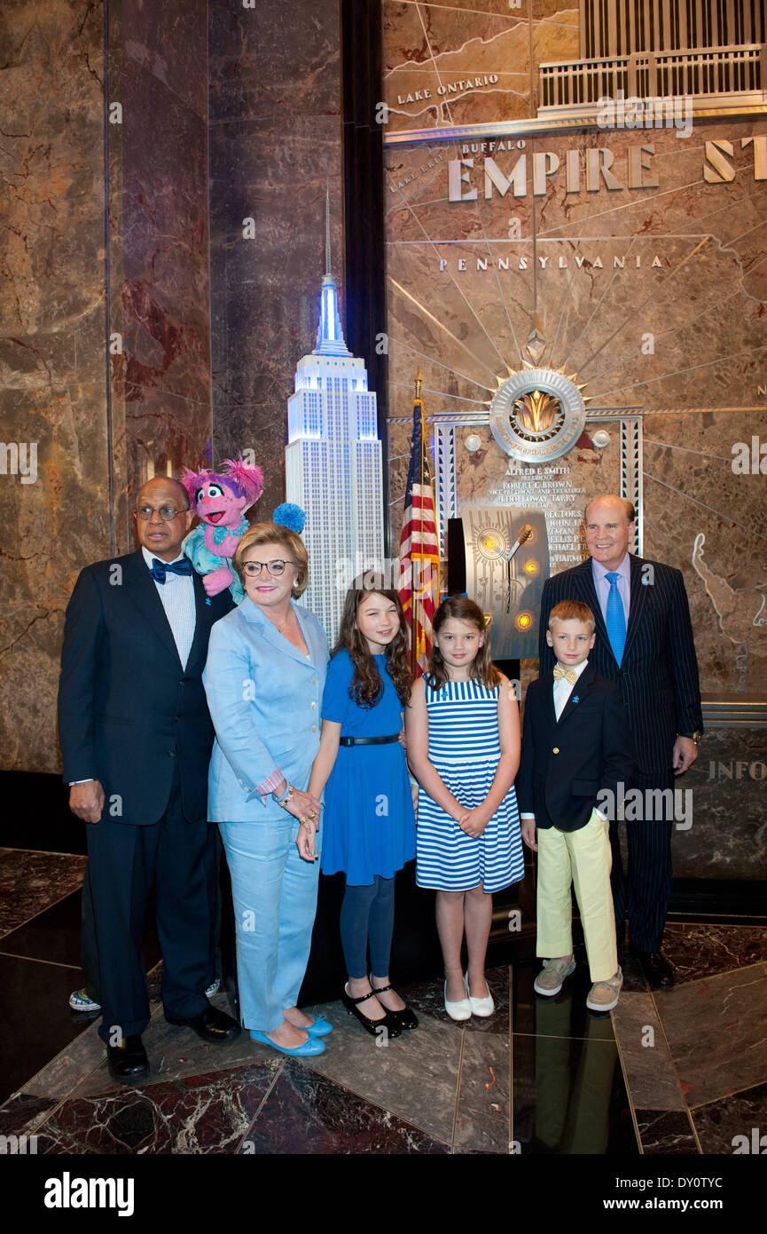 Manhattan, New York, USA. 2nd Apr, 2014. Sesame Street's Abby Cadabby and Autism speaks co-founders Suzanne and Bob Wright light the Empire State Building blue to celebrate World Autism Awareness Day, Wednesday, April, 2, 2014. Credit:  Bryan Smith/ZUMAPRESS.com/Alamy Live News Stock Photo