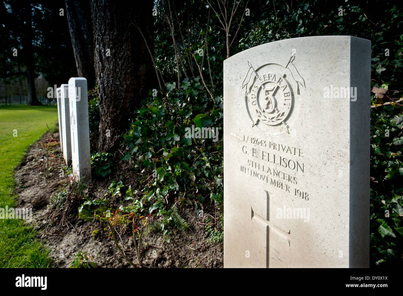 St Symphorien Military Cemetery,Mons, Belgium. February 2014 George Ellison, last British Soldier to die in WW1 ,11 Nov1918. Stock Photo