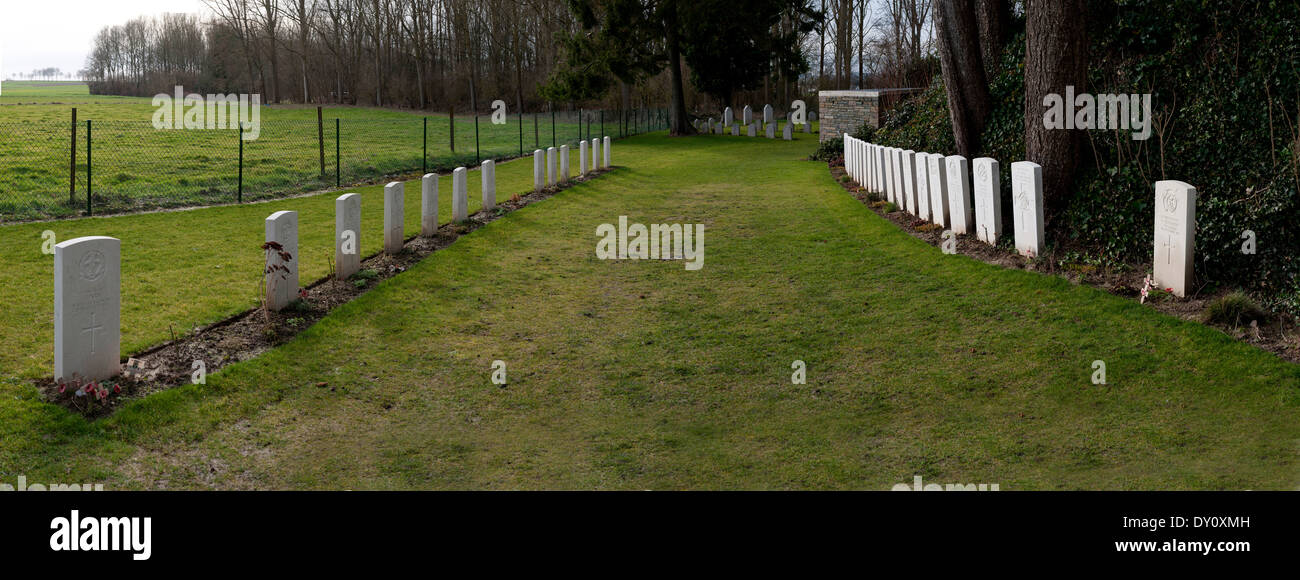 St Symphorien Military Cemetery,Mons, Belgium. Feb 2014 First death John Parr on left opposite last to die George Ellison right. Stock Photo