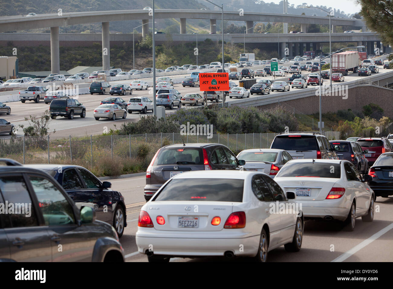 Traffic jam at rush hour on Jacob Dekema Freeway, at the junction I-805 to I-5, in April 2013. Stock Photo