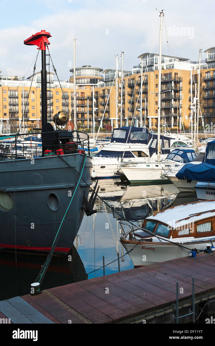 Boats and Pleasure Craft Moored in Marina Development Area at St Katharine Docks by Tower Hamlets London England United Kingdom Stock Photo