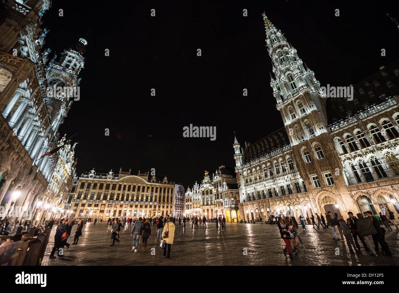 Night at Grand Place (La Grand-Place), a UNESCO World Heritage Site in central Brussels, Belgium. Lined with ornate, historic buildings, the cobblestone square is the primary tourist attraction in Brussels. Stock Photo