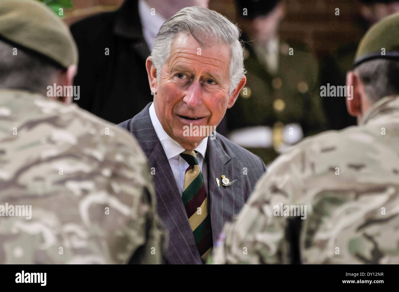 Belfast, Northern Ireland. 2 Apr 2014 - Charles, the Prince of Wales, meets soldiers from 2 Mercian Regiment of which he is the Colonel in Chief Credit:  Stephen Barnes/Alamy Live News Stock Photo