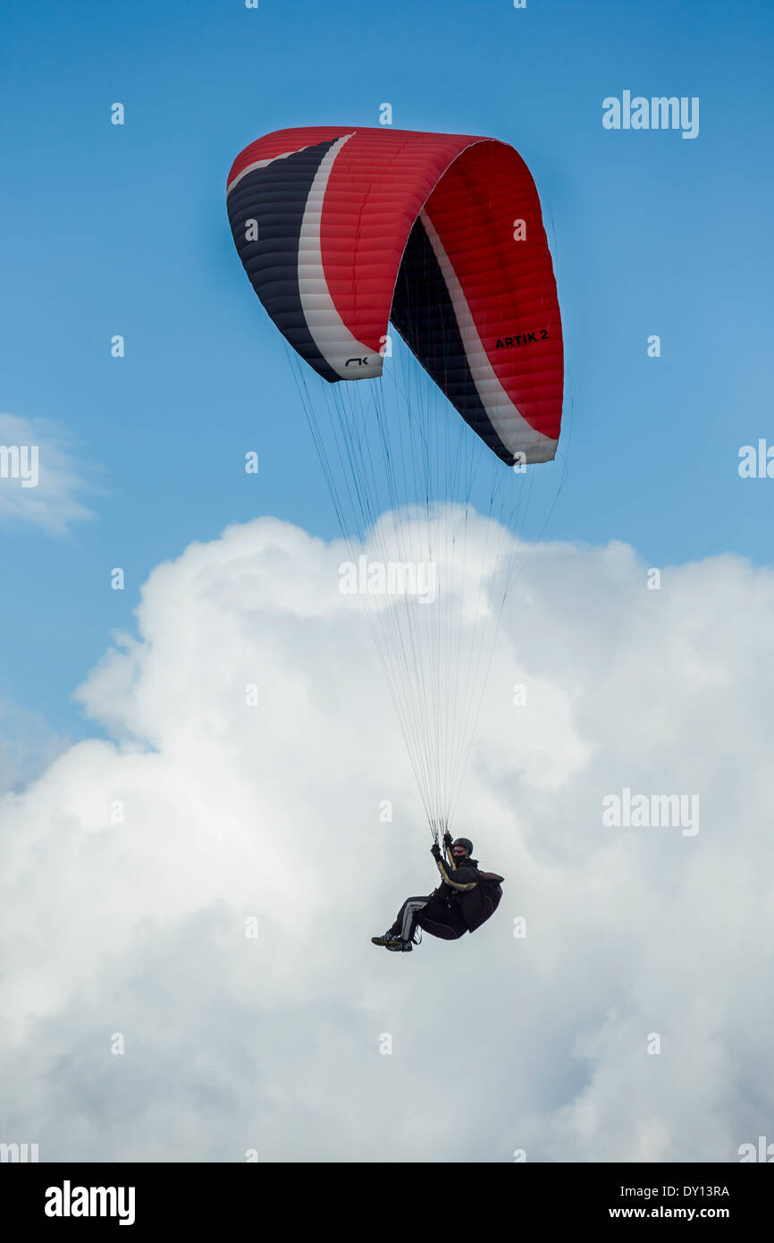 Paraglider soaring in sky among towering cumulus clouds-Victoria, British Columbia, Canada. Stock Photo