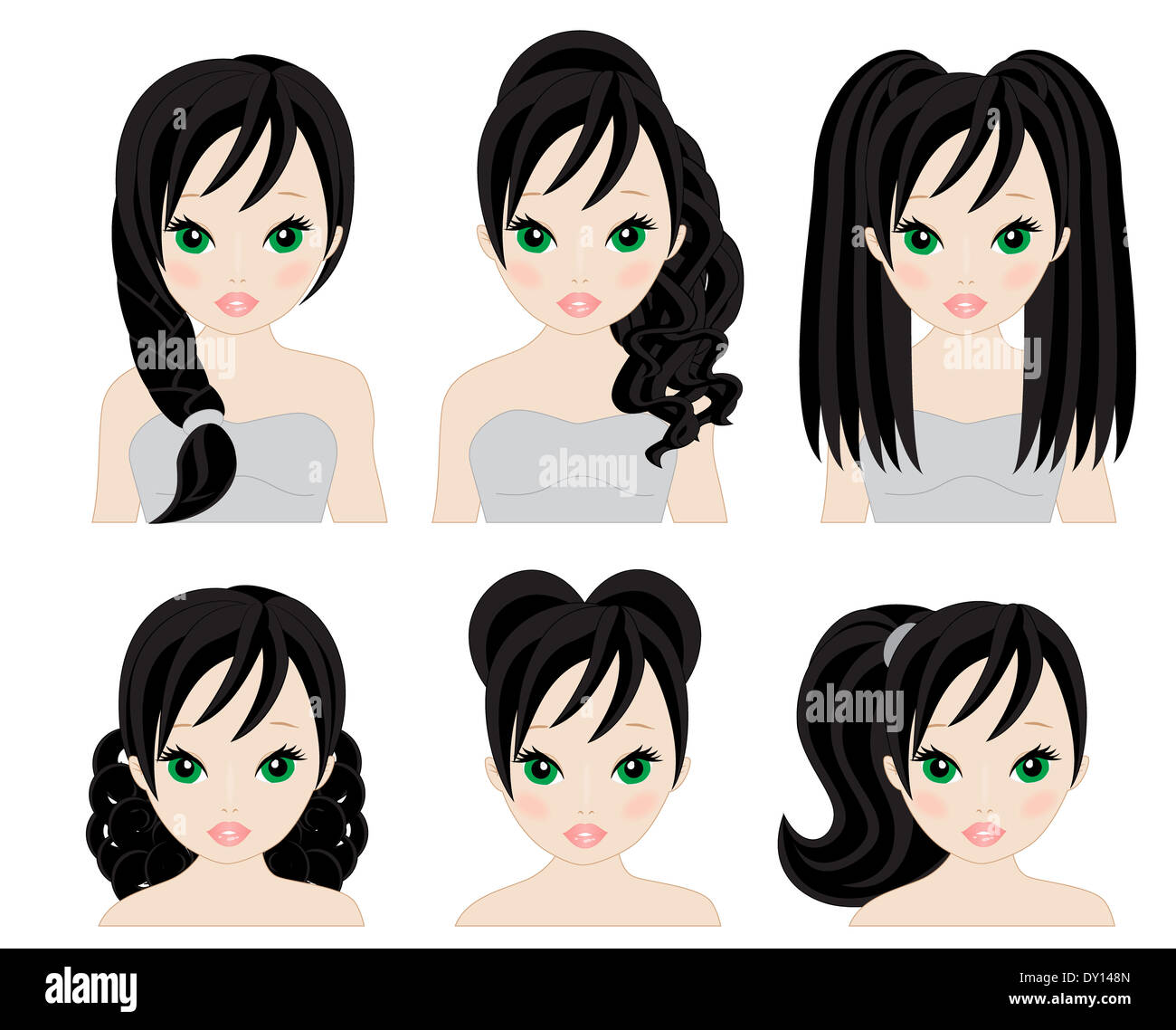 set of hairstyles for short and long black hair Stock Photo Alamy