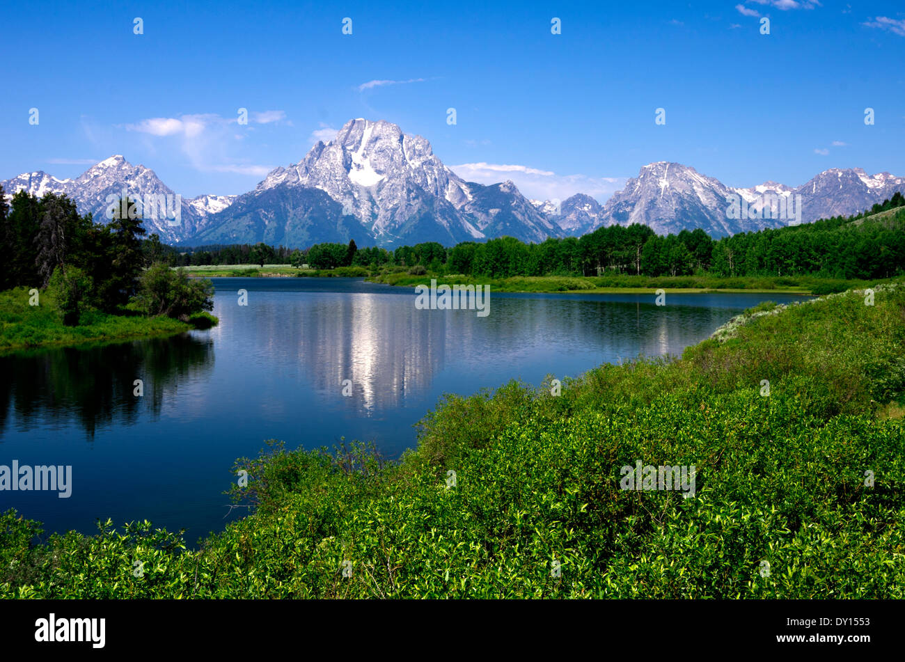 View of Teton Mountain range and Mt. Moran from Oxbow Bend turnout on