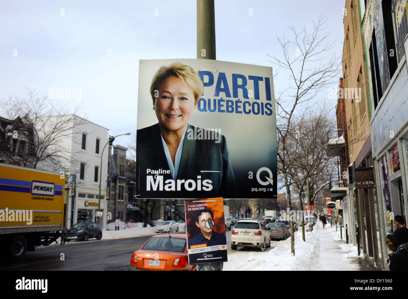 Quebec election campaign placards shown on Rue St. Denis, Montreal, QC