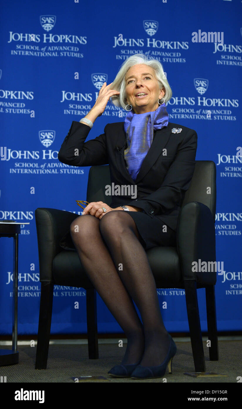 Washington, DC, USA. 2nd Apr, 2014. International Monetary Fund (IMF)  Managing Director Christine Lagarde speaks at the School of Advanced  International Studies of Johns Hopkins University in Washington, DC,  capital of the