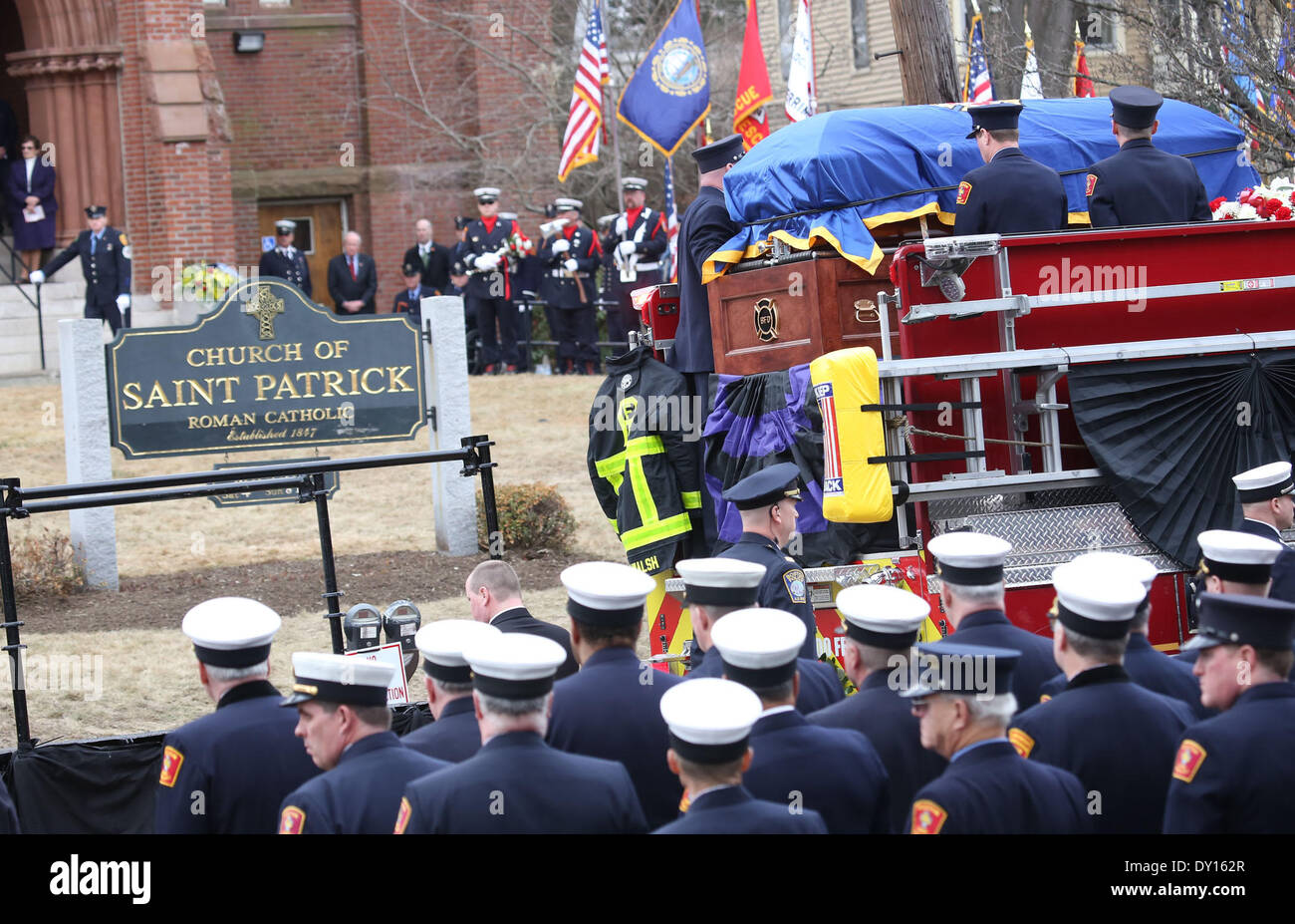 Watertown, Massachusetts, USA. 2nd Apr, 2014. Thousands of firefighters from across the nation gathered outside the Church of Saint Patrick in Watertown, Massachusetts to attend the funeral of fallen Boston Firefighter Lieutenant Edward Walsh. Walsh and fellow firefighter Michael Kennedy died in a nine-alarm blaze at 298 Beacon Street in Boston, Massachusetts. Credit:  Nicolaus Czarnecki/METRO Boston/ZUMAPRESS.com/Alamy Live News Stock Photo