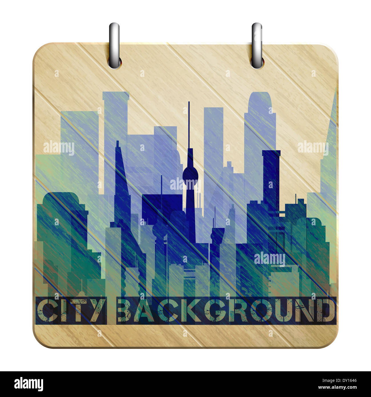 isolated wooden badge with modern city background Stock Photo