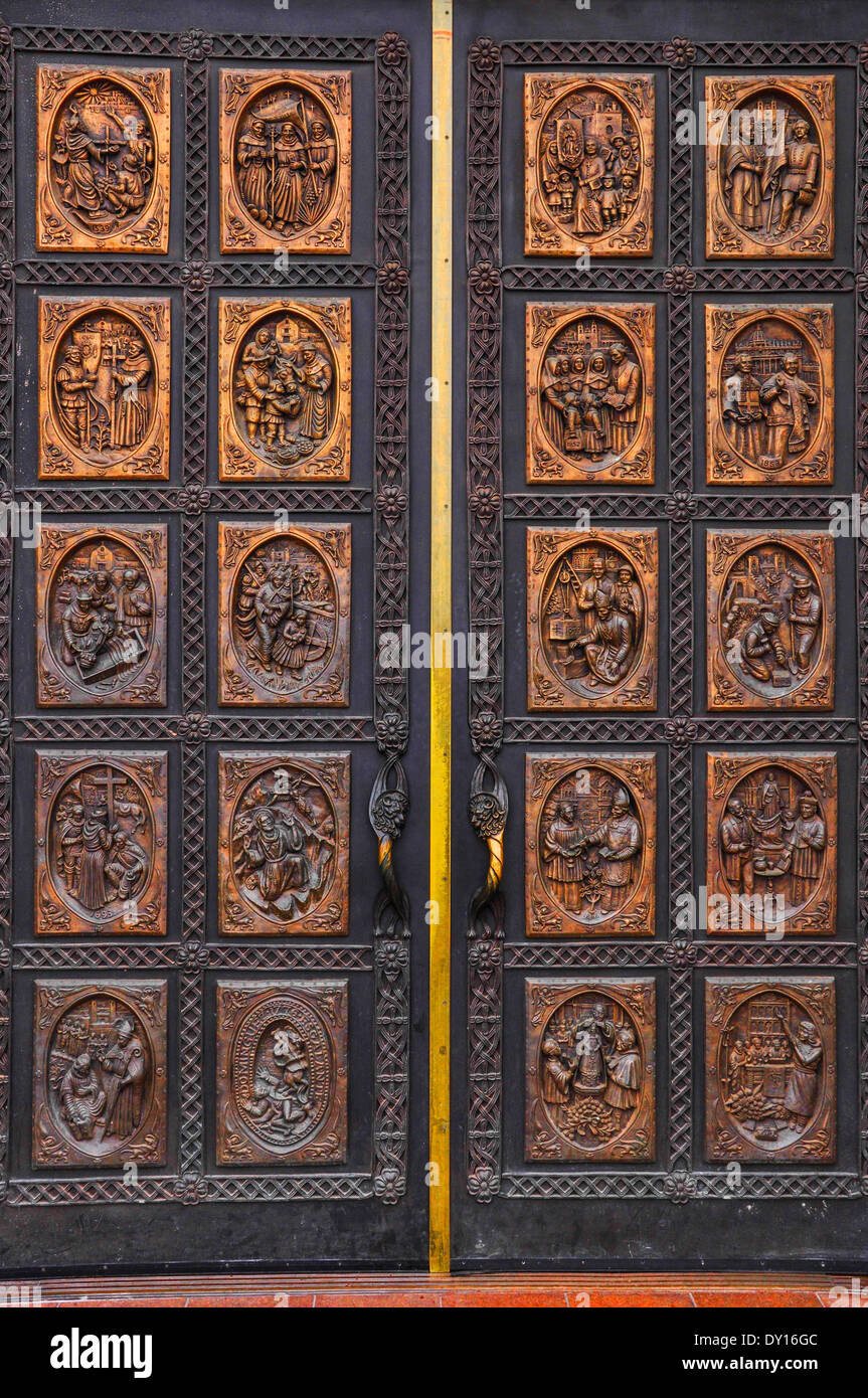 Handcarved bronze pictorial doors grace the entrance to the Cathedral Basilica of St Francis of