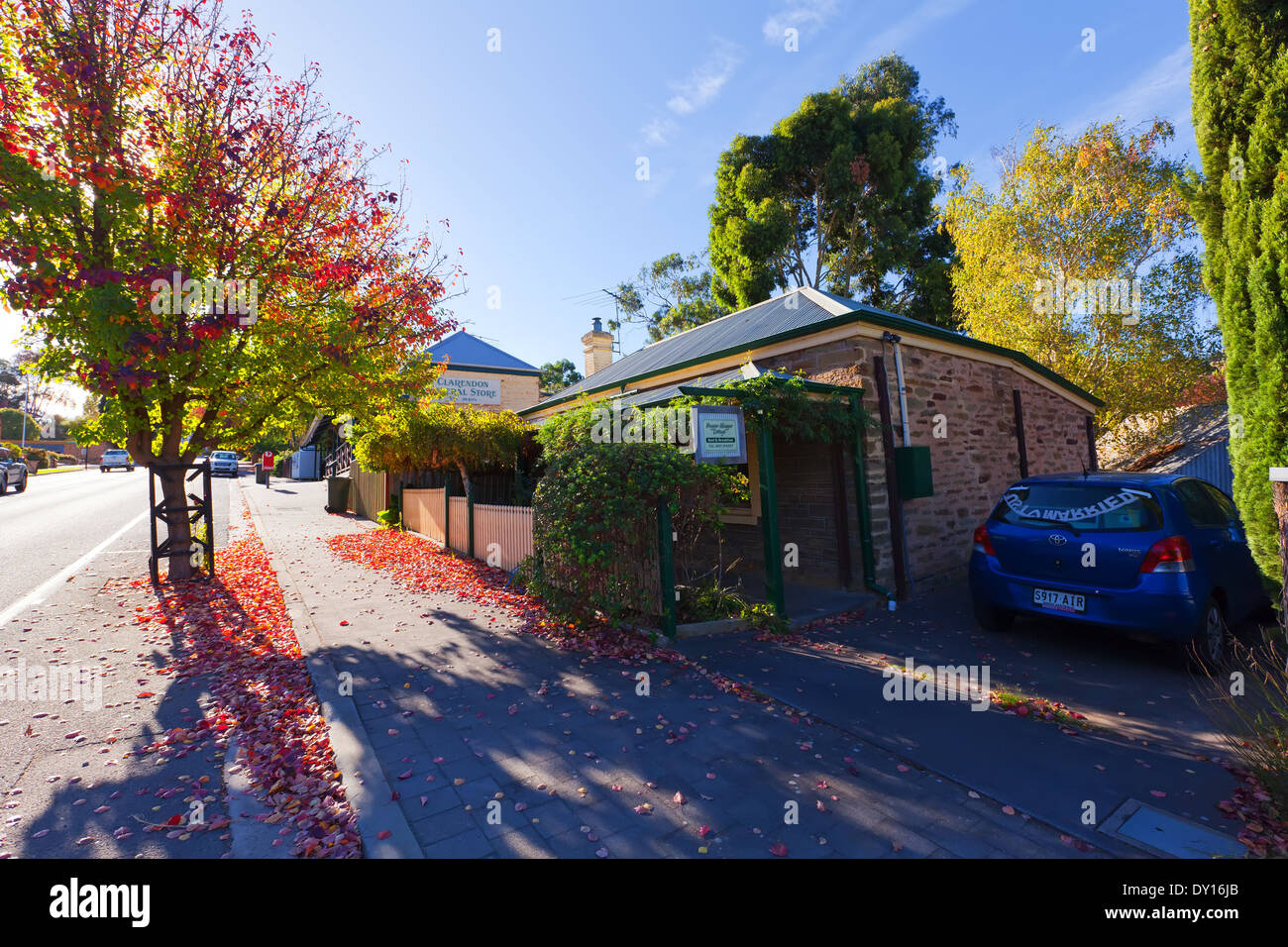 old cottage footpath church main street Clarendon Adelaide Hills South Australia autumn leaves Stock Photo