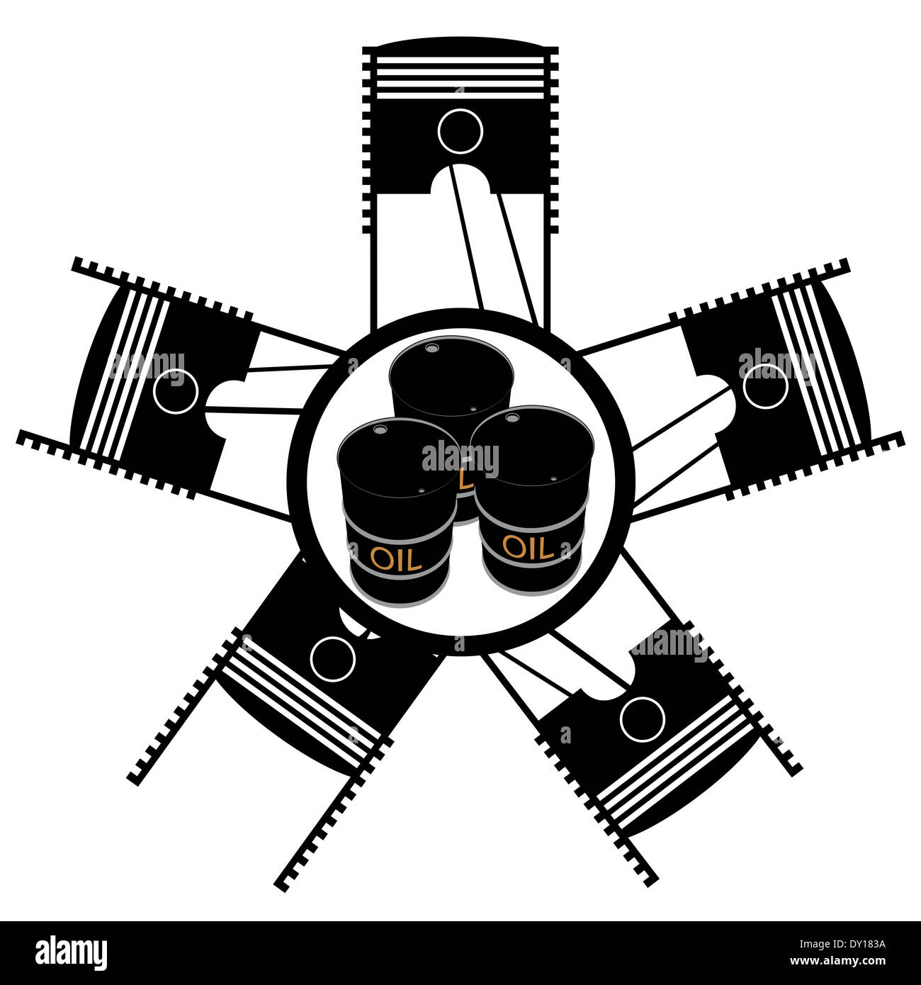 Car engine piston system and oil barrels. Illustration on white background. Stock Photo