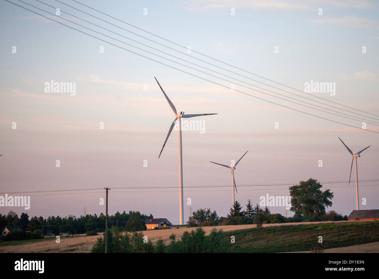Wind turbines generating electricity. Rawa Mazowiecka Central Poland Stock Photo