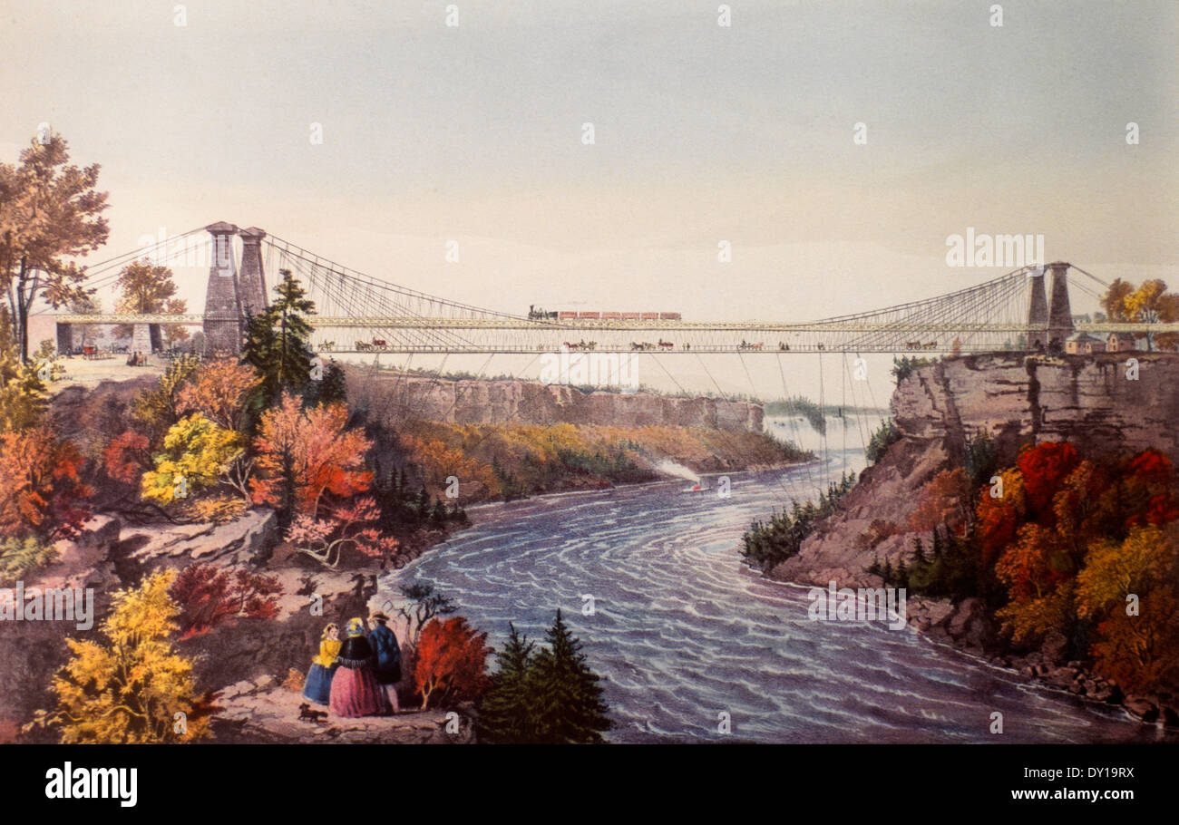 The Rail Road Suspension Bridge, Near Niagara Falls, Lithograph, Currier & Ives, 1856 Stock Photo