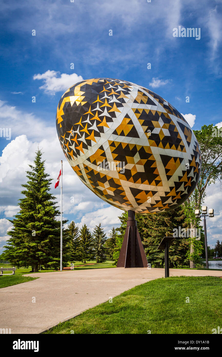 The large egg is a giant sculpture of a pysanka, a Ukrainian-style Easter egg in Vegreville, Alberta, Canada. Stock Photo