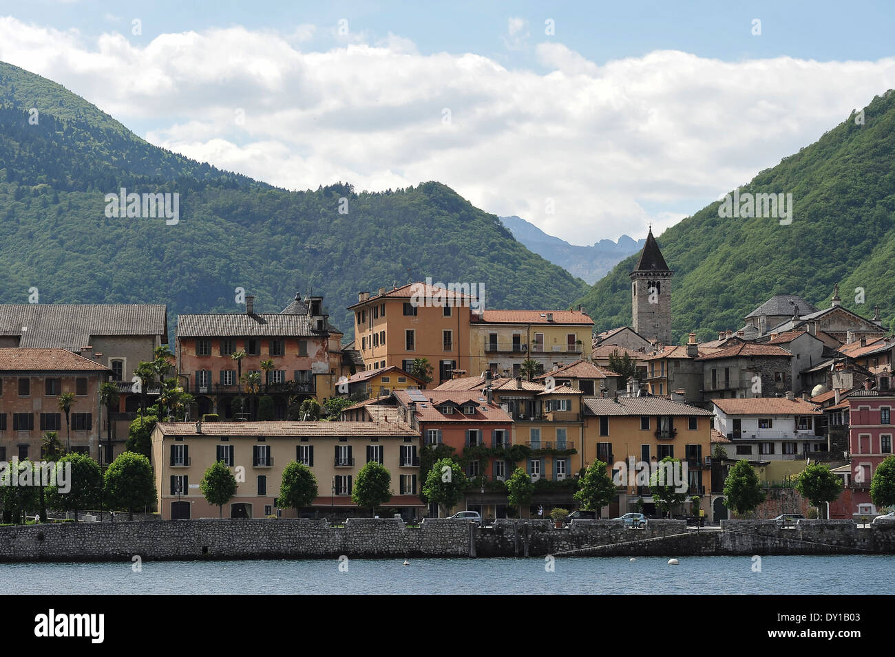 Ansicht italienische Stadt am See, view on a italien village at the sea,Lago Maggiore, Stock Photo