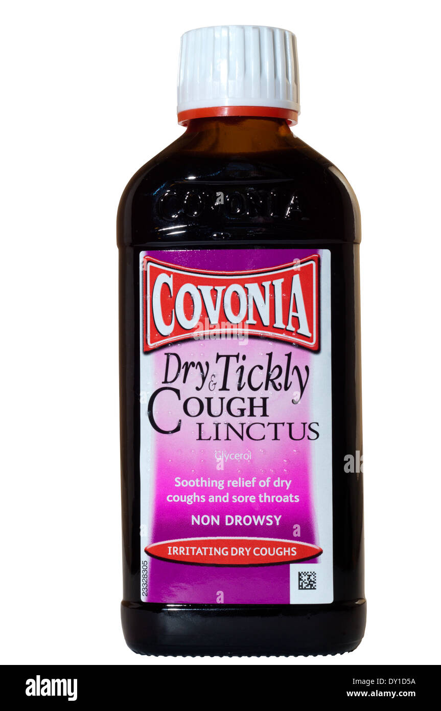 A bottle of Covonia Dry & Tickly Cough Linctus. Stock Photo