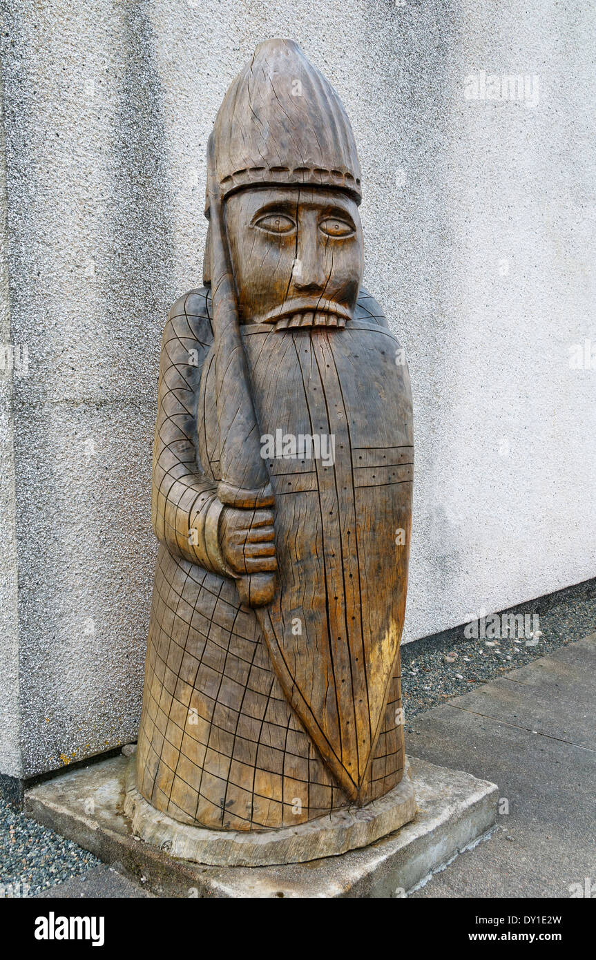 Carved wooden replica of one of the Lewis Chessmen which were found near here, Uig, Lewis, Western Isles, Scotland, UK Stock Photo
