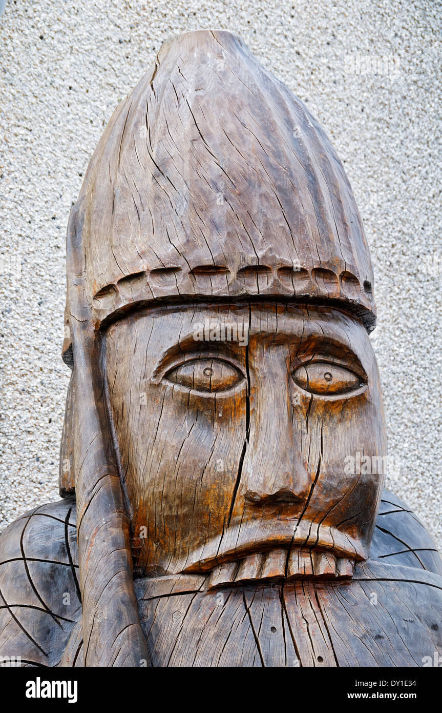 Carved wooden replica of one of the Lewis Chessmen which were found near here, Uig, Lewis, Western Isles, Scotland, UK Stock Photo