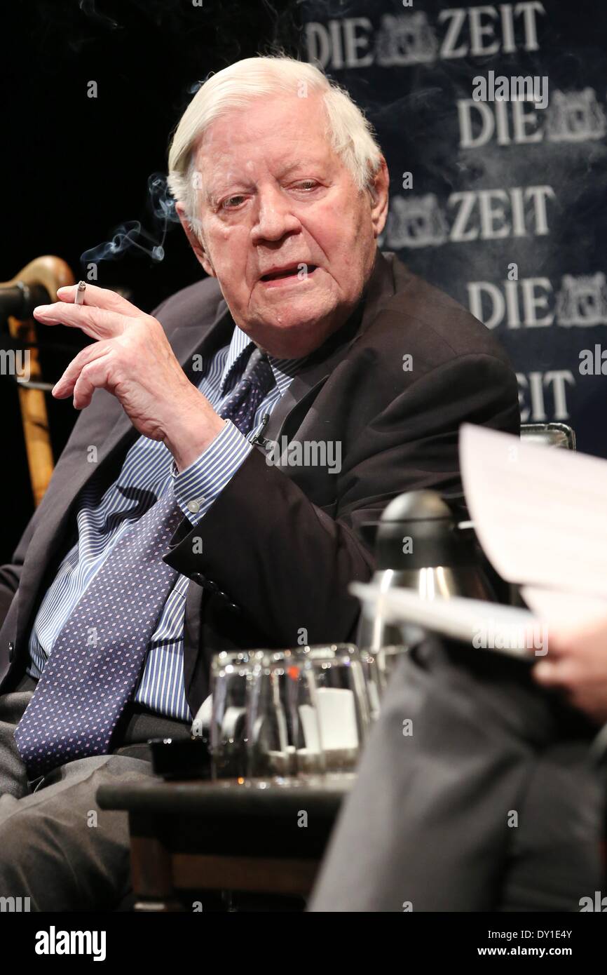 Hamburg, Germany. 02nd Apr, 2014. Former German Chancellor and co-publisher of newspaper 'Die Zeit' Helmut Schmidt (SPD) and editor-in-chief of 'Die Zeit' di Lorenzo sit on the podium during the series of events 'The long night of Die Zeit' at Schauspielhaus in Hamburg, Germany, 02 April 2014. The former German Chancellor answered collected readers' questions on Hamburg. 'Die Zeit' will for the first time be published with a local section for Hamburg on 03 April 2014. Photo: BODO MARKS/DPA/Alamy Live News Stock Photo