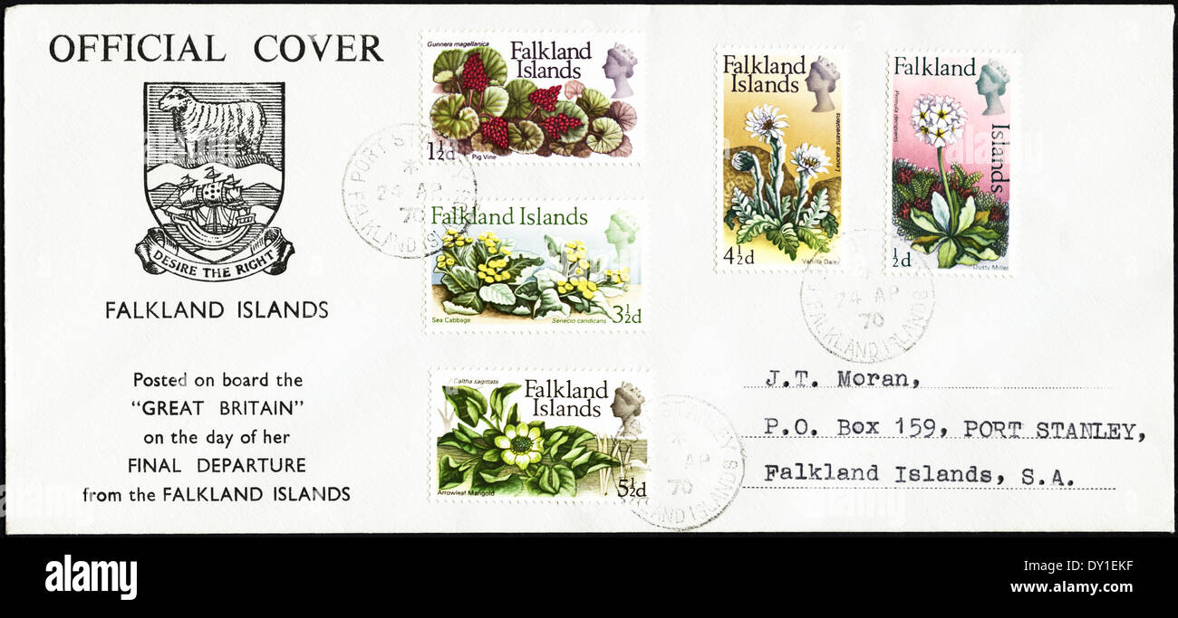 Commemorative official first day cover posted on board the SS Great Britain on the day of her final departure from the Falkland Islands 24th April 1970 postmark Port Stanley island flora postage stamps Stock Photo