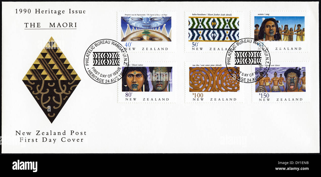 Commemorative official first day cover 1990 Heritage Issue The Maori New Zealand Post postmark 24th August 1990 postage stamps Stock Photo