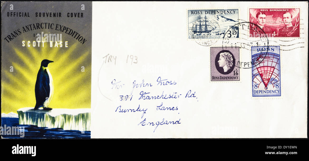 Official Souvenir Cover Trans Antarctic Expedition 1956 - 1958 Scott Base Ross Dependency postage stamps various values Stock Photo