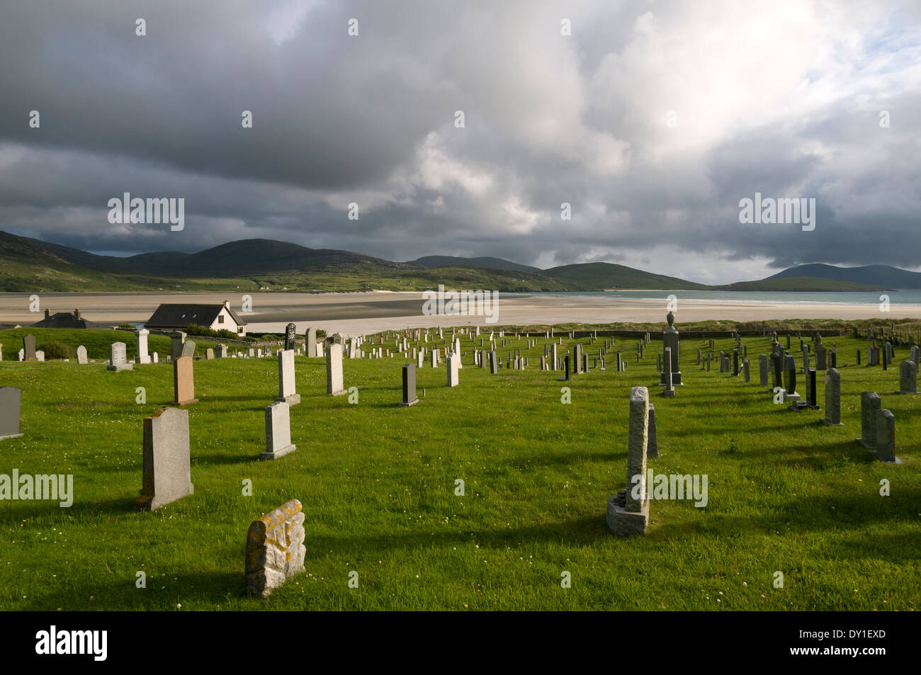 Tràigh Losgaintir beach and the cemetery at  Losgaintir, Harris, Western Isles, Scotland, UK Stock Photo