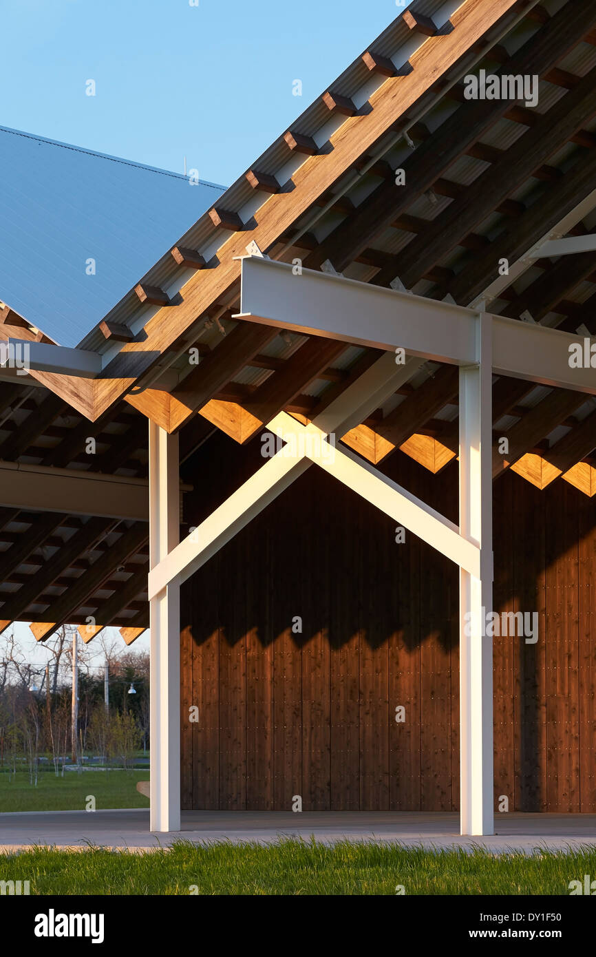 Parrish Art Museum, Water Mill, United States. Architect: Herzog & de Meuron, 2012. Timber and truss detail of eaves. Stock Photo