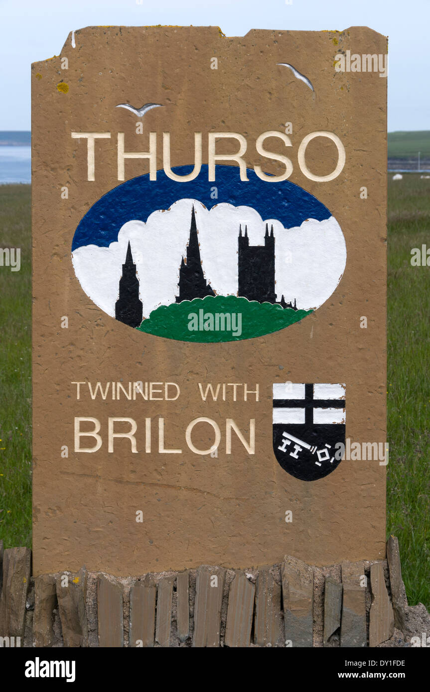 'Thurso Twinned with Brilon' sign at Thurso, Caithness, Scotland, UK Stock Photo