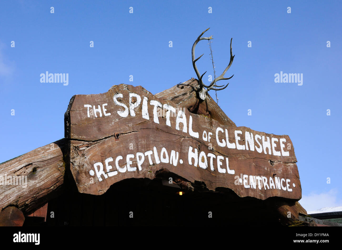 The entrance sign to the Spittal of Glenshee Hotel, Scotland. Stock Photo