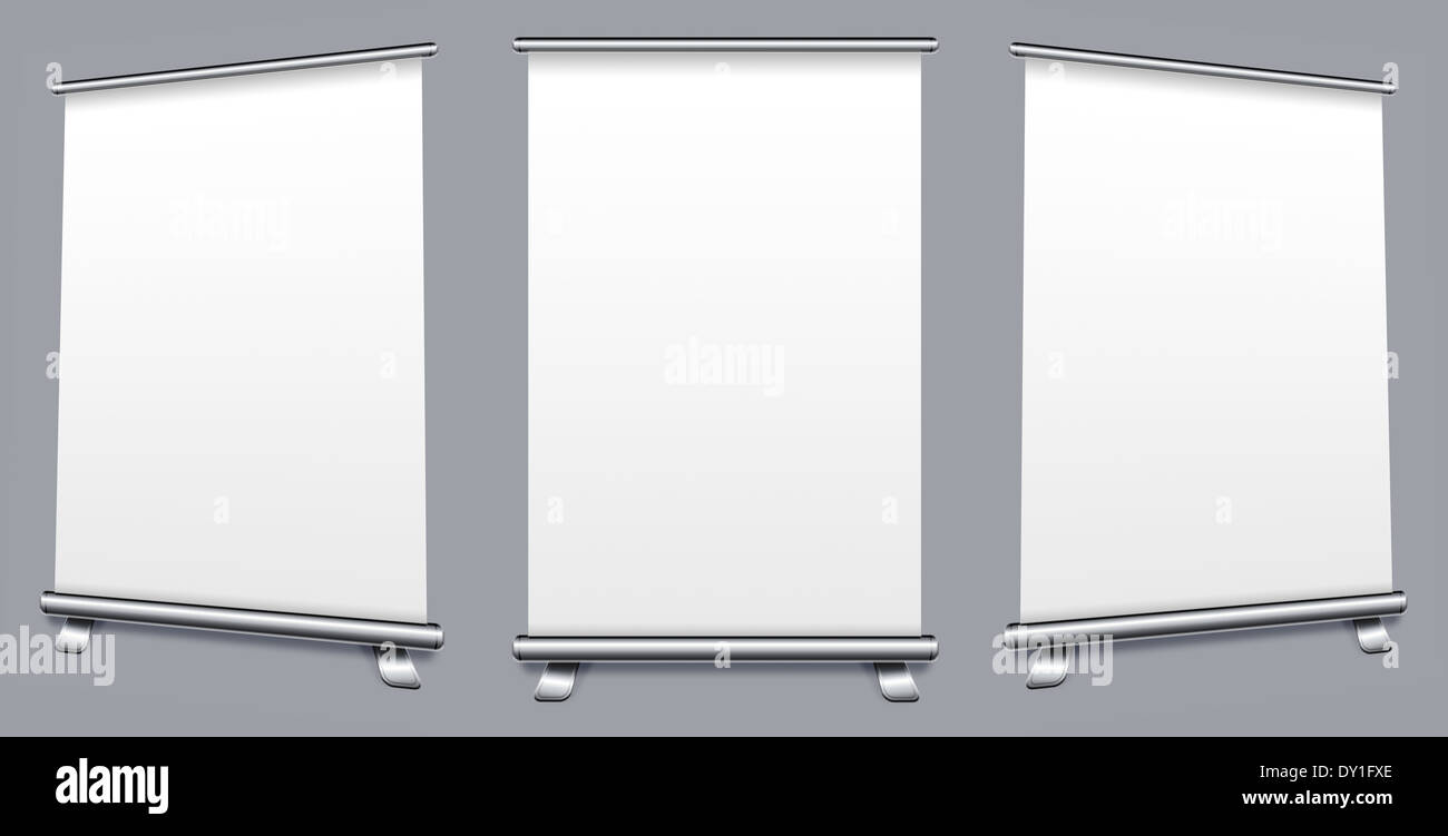Blank roll up banner display on gray background Stock Photo - Alamy