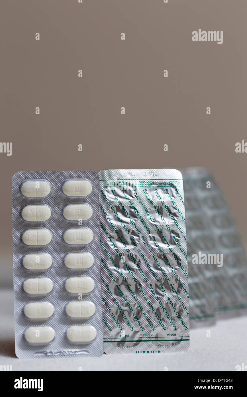 Naproxen 500mg enteric coated tablets a non-steroidal anti-inflammatory drug (NSAID). Stock Photo