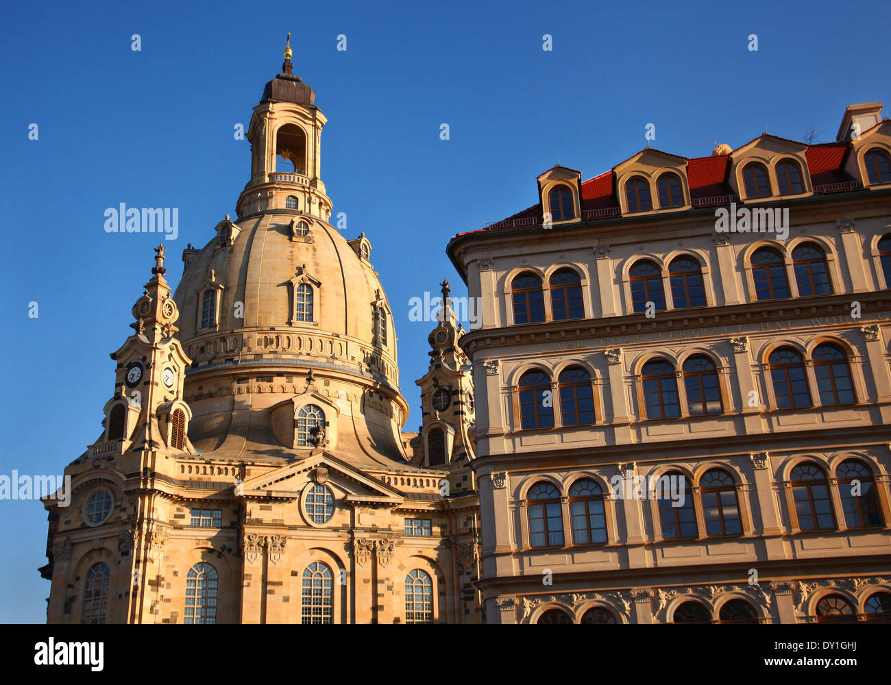 The reconstructed old buildings next to the church Frauenkirche in the center of Dresden, eastern Germany, pictured on February 04, 2014. Foto: Wolfram Steinberg dpa Stock Photo