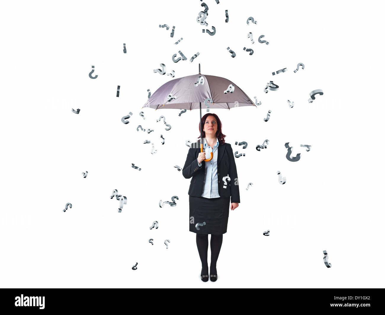 businesswoman with umbrella and question mark rain on white Stock Photo