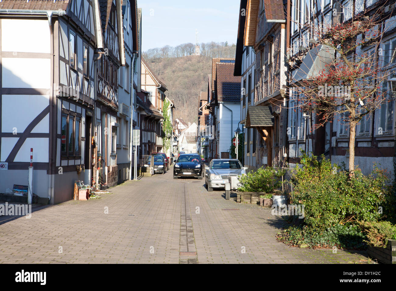 Street in Bodenwerder, Baron Muenchhausen town, Weserbergland, Lower Saxony, Germany Stock Photo