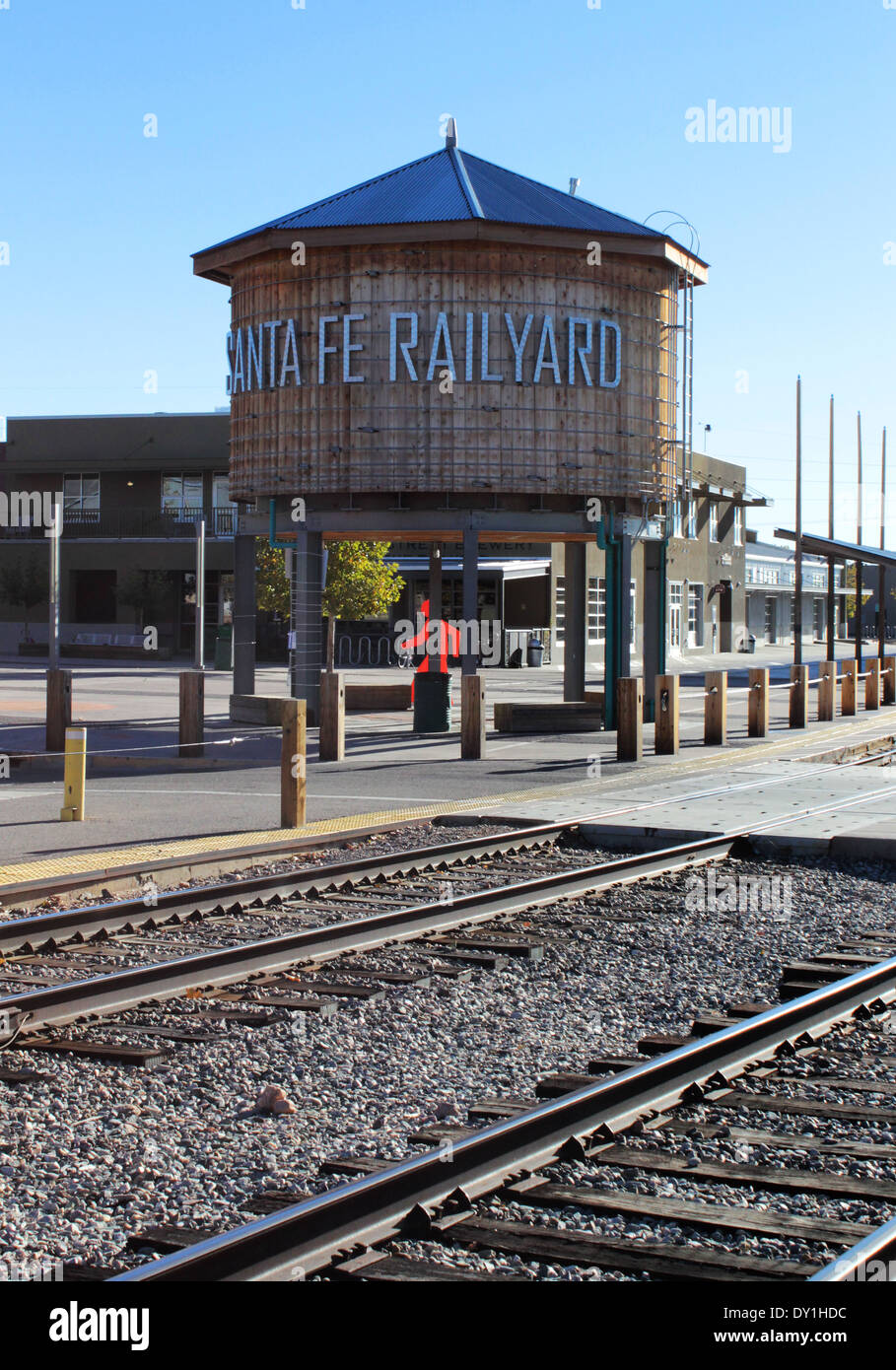 Santa Fe Railyard Depot and water tower, Santa Fe, New Mexico Stock Photo