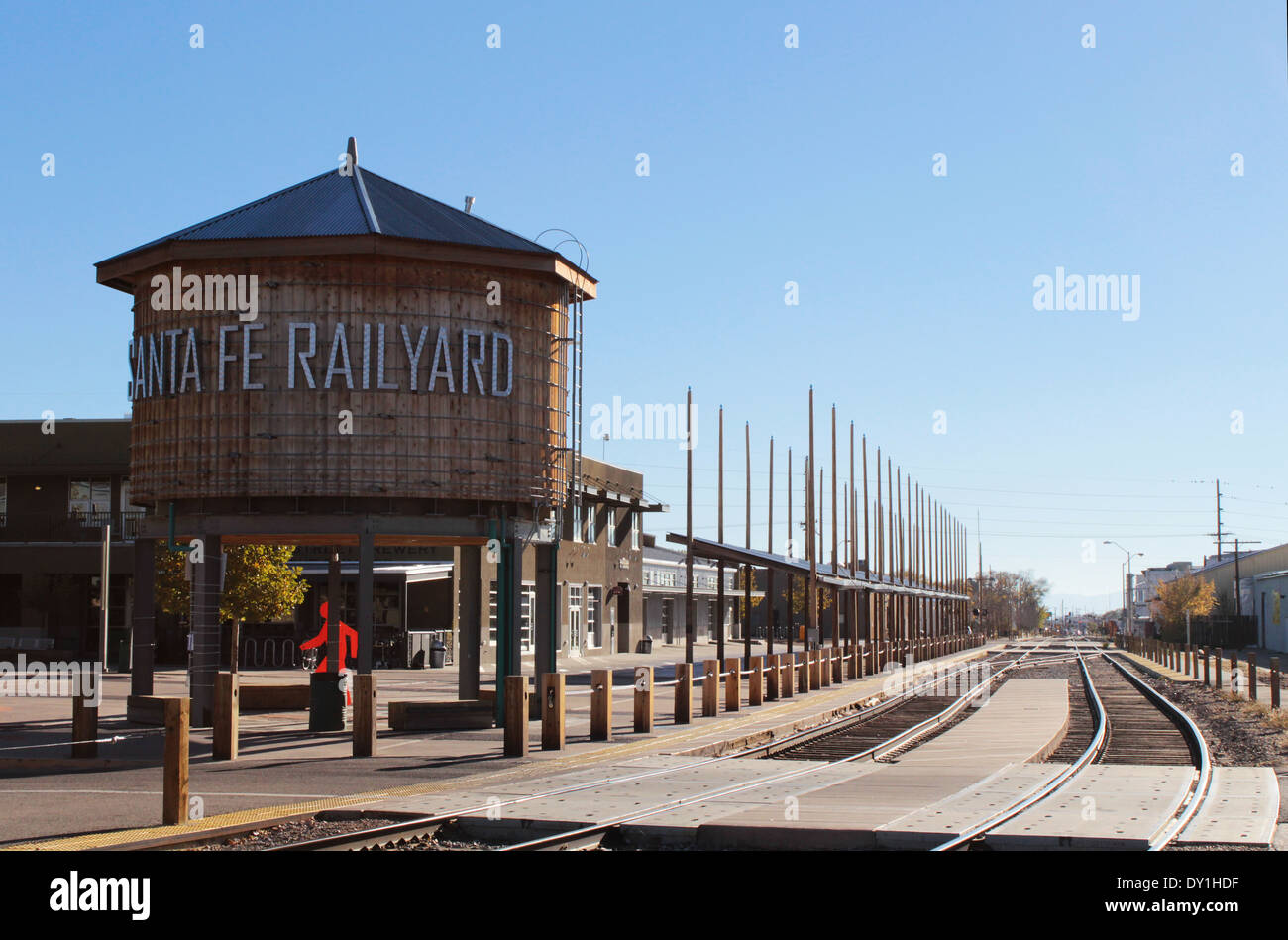 Santa Fe Railyard Depot and water tower, Santa Fe, New Mexico Stock Photo